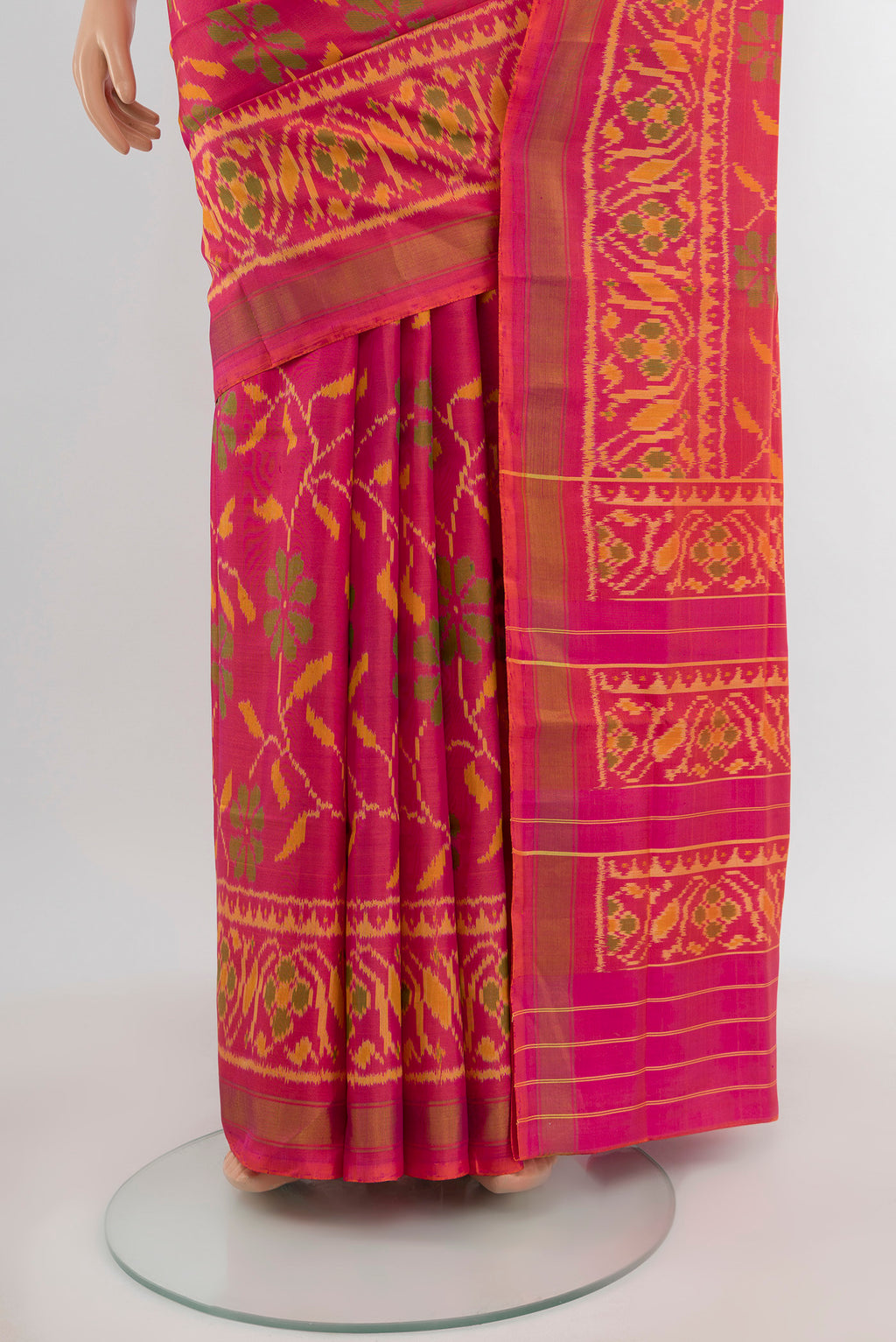 Pleats and pallu of Pure Silk Pure Zari Multi Color Rajkot Patola Saree with Ikat Print on the body and Silk Border. 