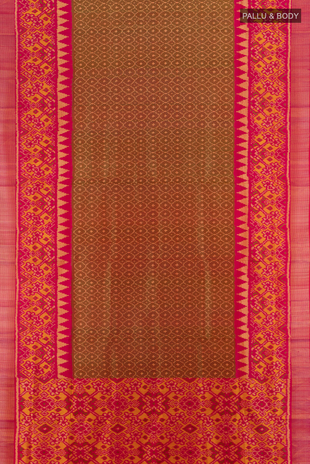 Flat view of Pure Silk Pure Zari Multi Color Rajkot Patola Saree with Ikat Print on the body and Silk Border. 