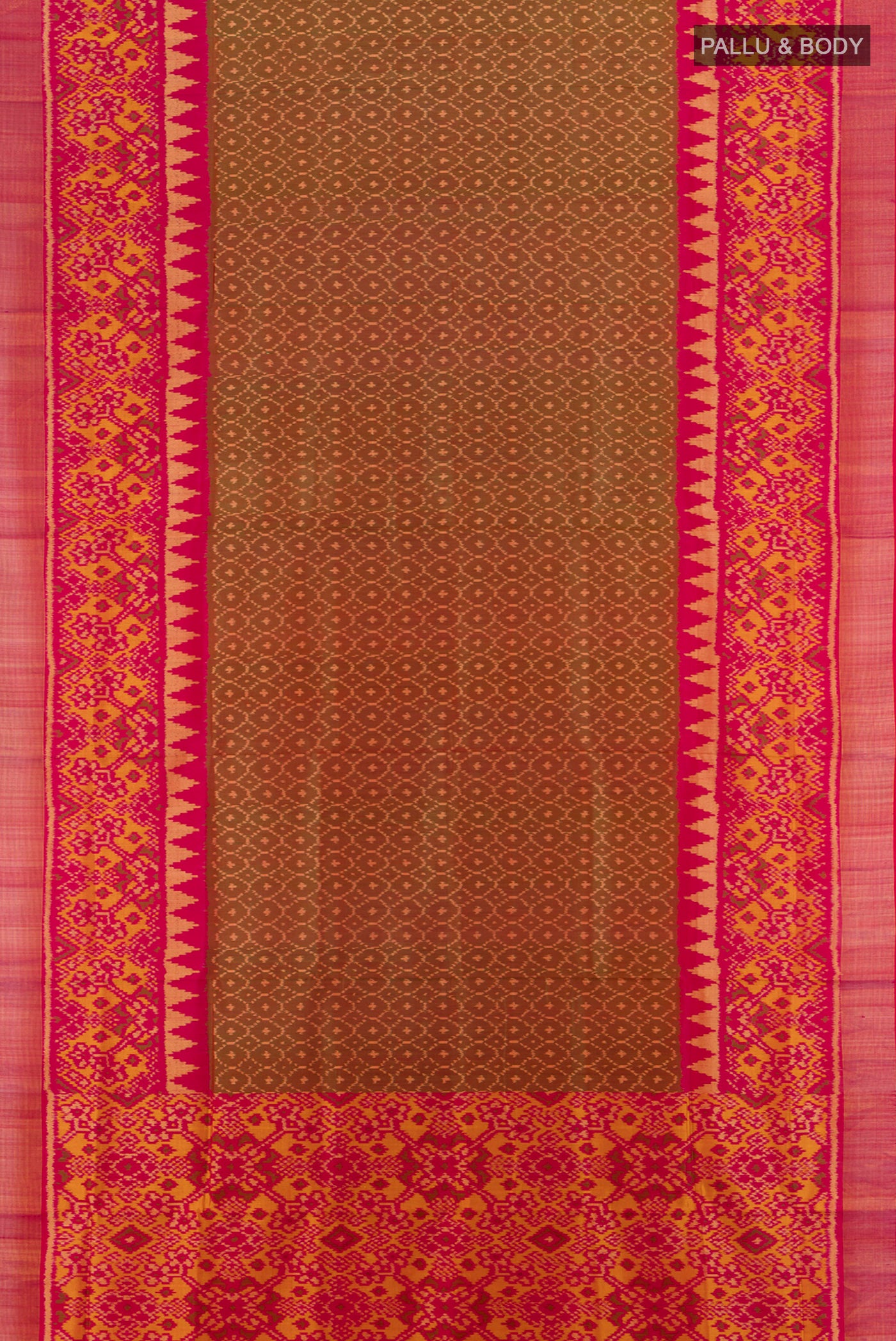 Flat view of Pure Silk Pure Zari Multi Color Rajkot Patola Saree with Ikat Print on the body and Silk Border. 