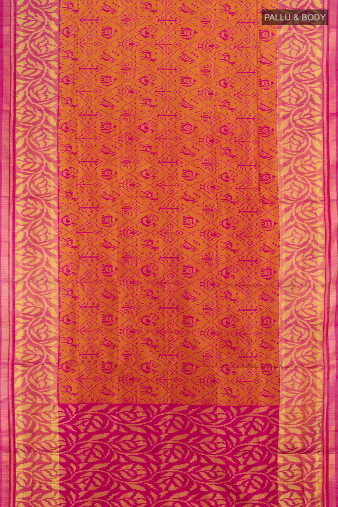 Flat view of Magenta Rajkot Patola Silk Saree with Zari Butta on the body and Silk Border. 