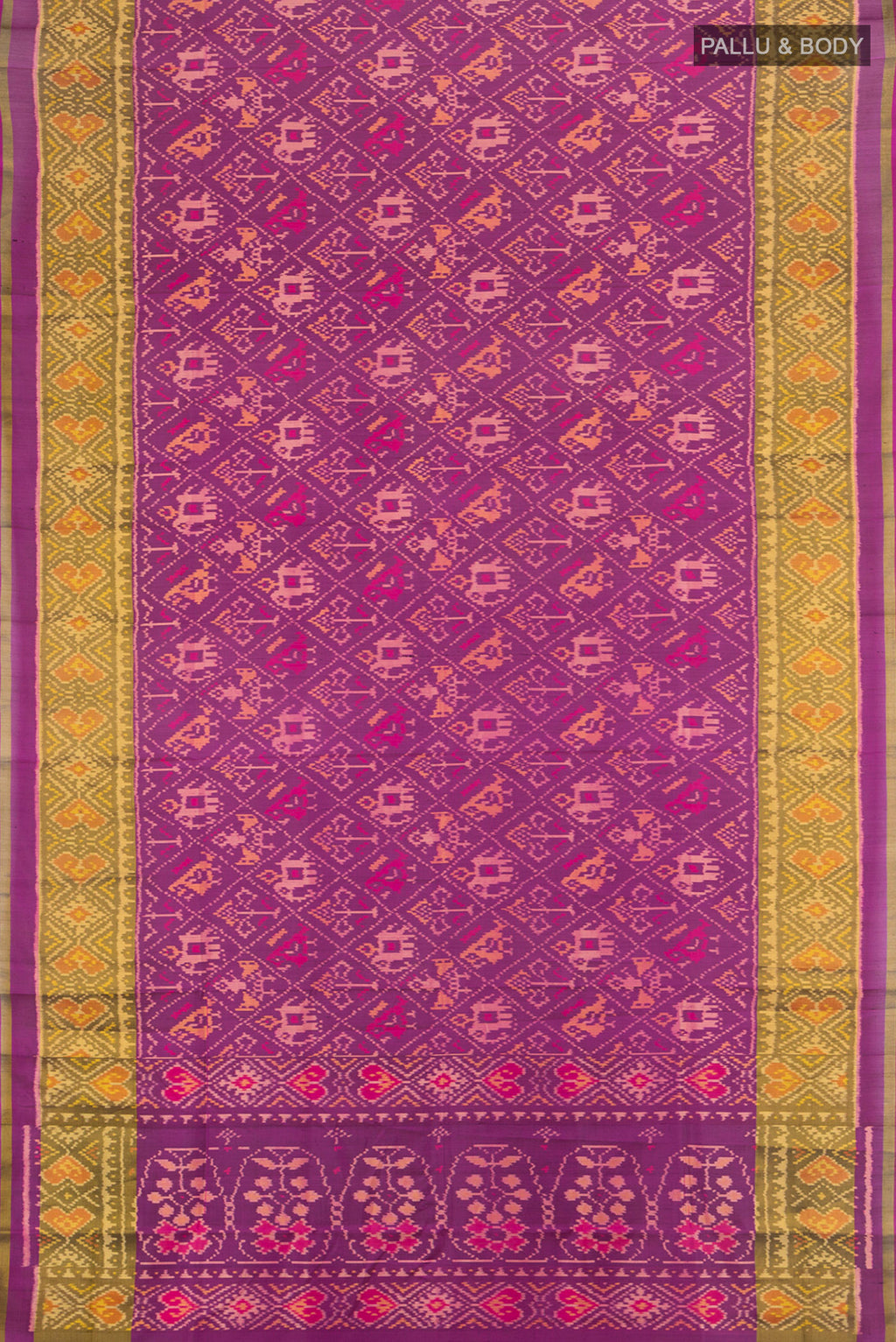 Flat view of Multi Color Rajkot Patola Silk Saree with Ikat Print on the body and Silk Border. 