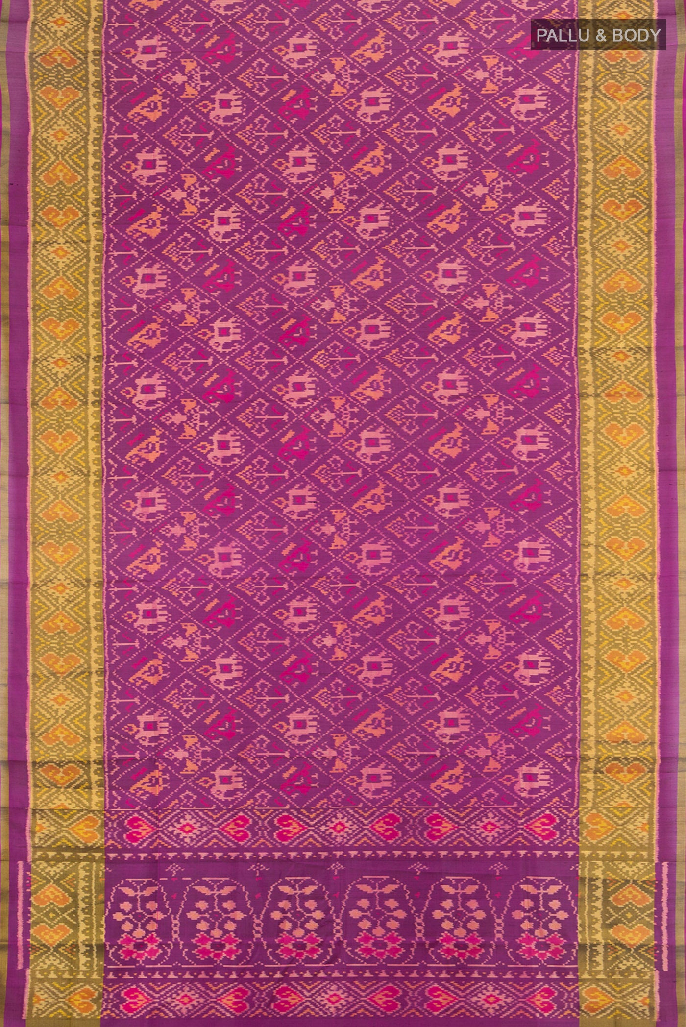 Flat view of Multi Color Rajkot Patola Silk Saree with Ikat Print on the body and Silk Border. 