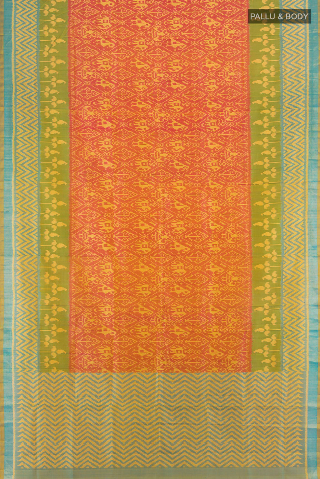 Flat view of Orange Rajkot Patola Silk Saree with Pure Ikat on the body and Ikat Border. 