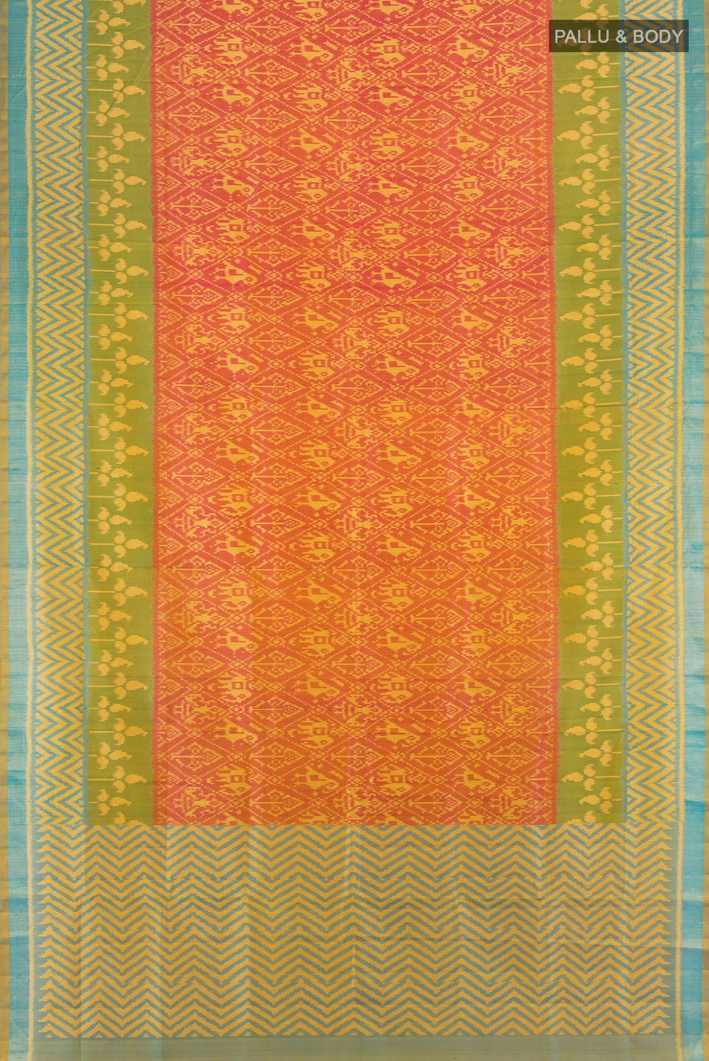 Flat view of Orange Rajkot Patola Silk Saree with Pure Ikat on the body and Ikat Border. 