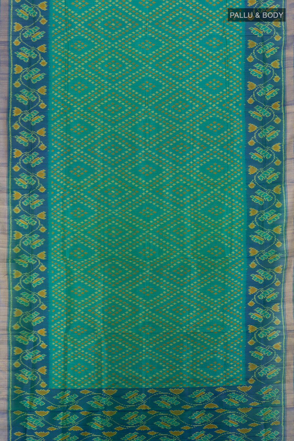 Flat view of Multi Color Rajkot Patola Silk Saree with Ikat Print on the body and Silk Border. 