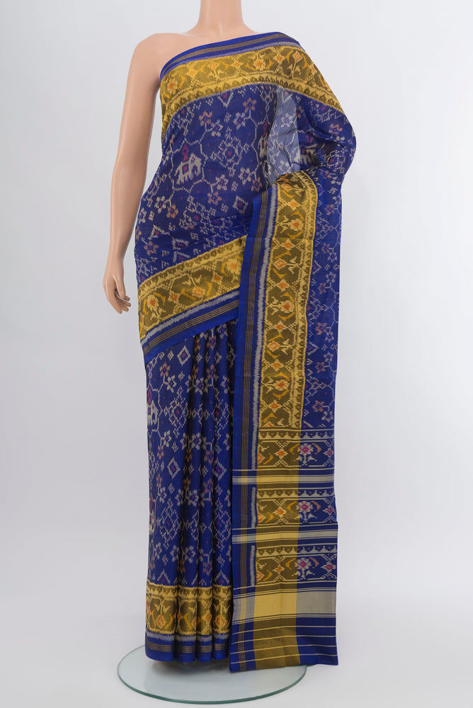 Dark Blue Rajkot Patola Silk Saree with Ikat Print on the body and Silk Border.  displayed on a mannequin