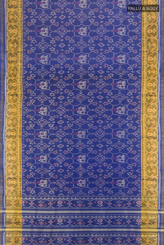 Flat view of Dark Blue Rajkot Patola Silk Saree with Ikat Print on the body and Silk Border. 