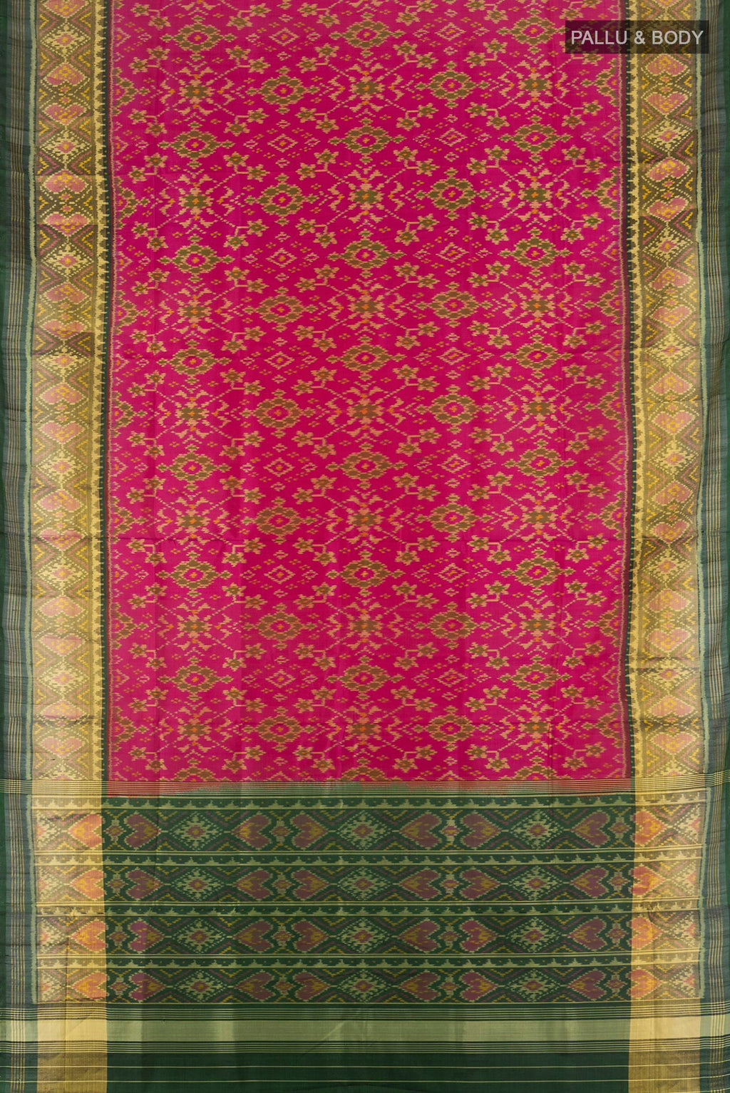 Flat view of Pure Silk Pink Rajkot Patola Saree with Pure Ikat on the body and Ikat Border. 