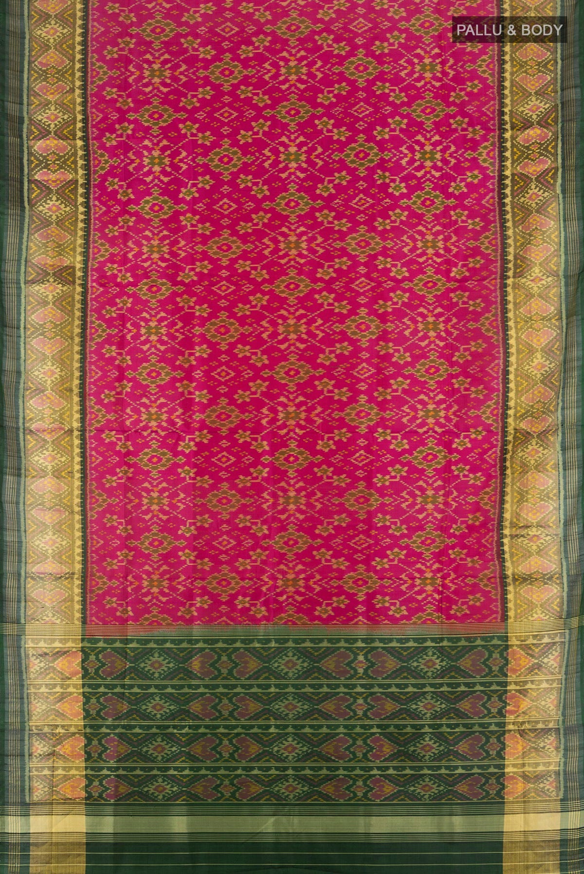 Flat view of Pure Silk Pink Rajkot Patola Saree with Pure Ikat on the body and Ikat Border. 