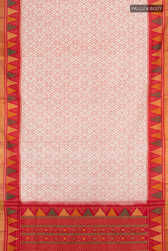 Flat view of Off White Rajkot Patola Silk Saree with Batik Print on the body and Silk Border. 