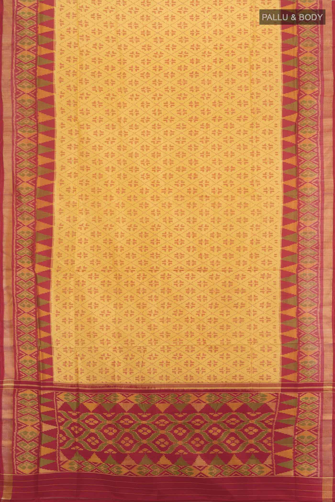 Flat view of Beige Rajkot Patola Silk Saree with Ikat Print on the body and Silk Border. 