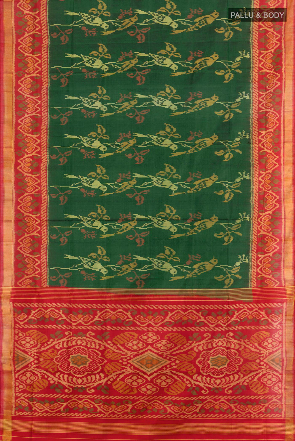Flat view of Multi Color Pochampally Saree with Ikat Print on the body and Silk Border. 