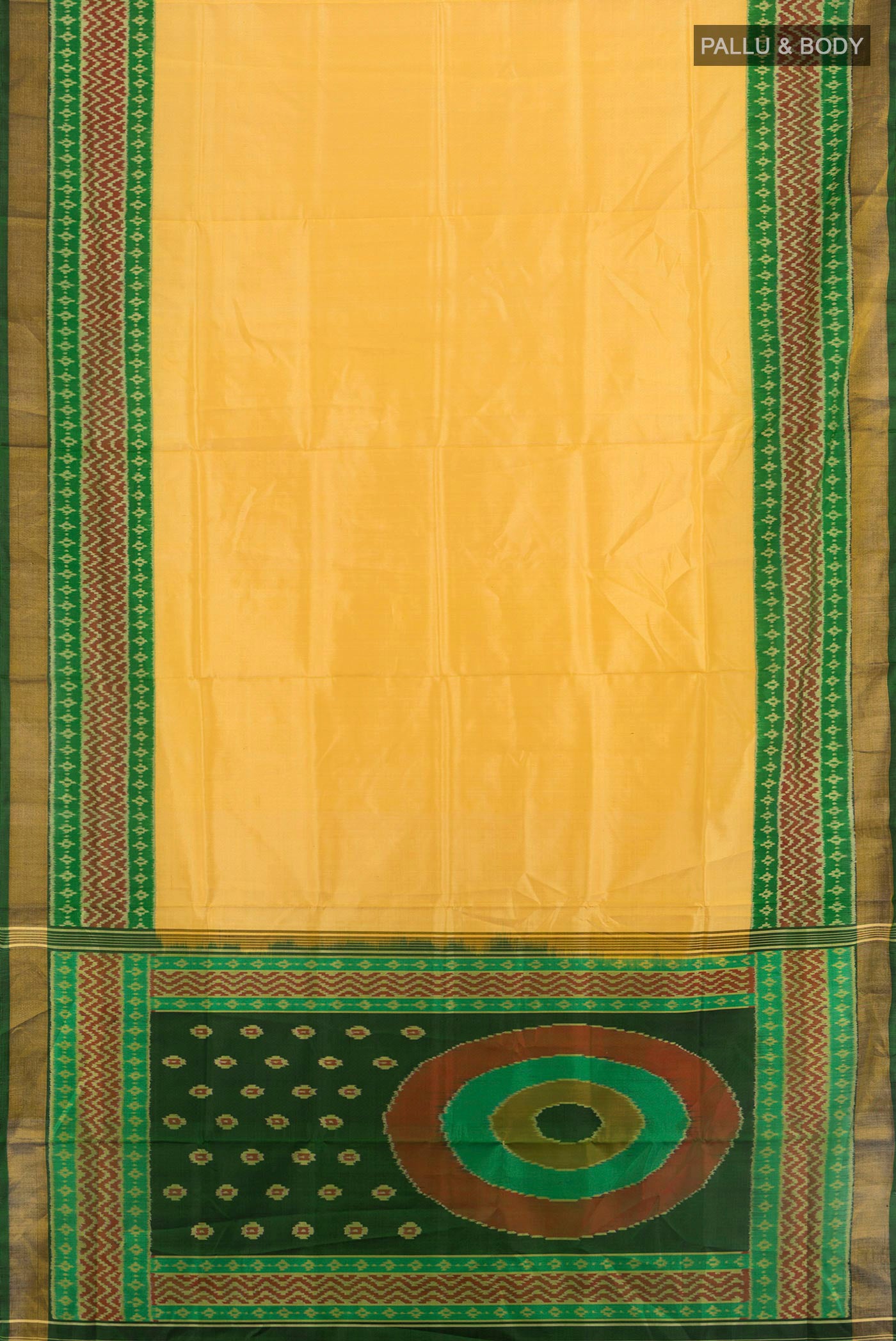 Flat view of Yellow Rajkot Patola Silk Saree with Plain Body and Ikat Border. 