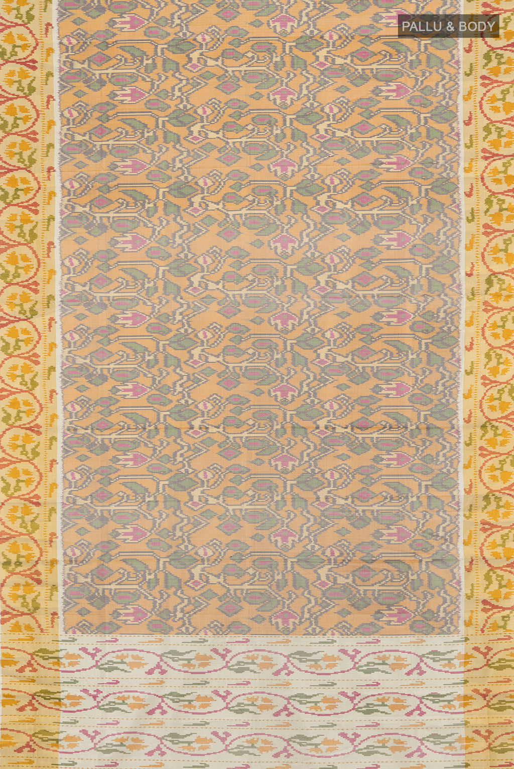 Flat view of Multi Color Rajkot Patola Silk Saree with Pure Ikat on the body and Ikat Border. 