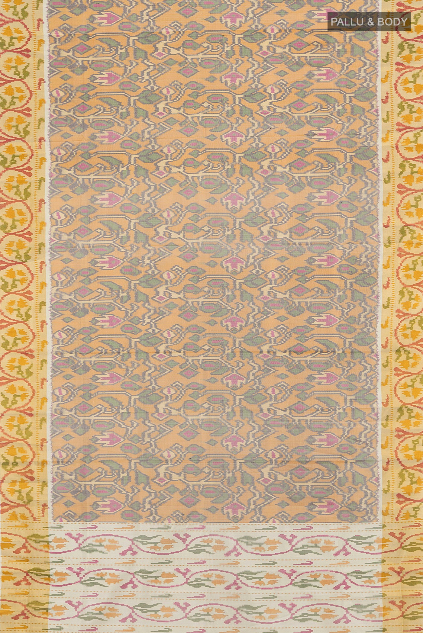 Flat view of Multi Color Rajkot Patola Silk Saree with Pure Ikat on the body and Ikat Border. 