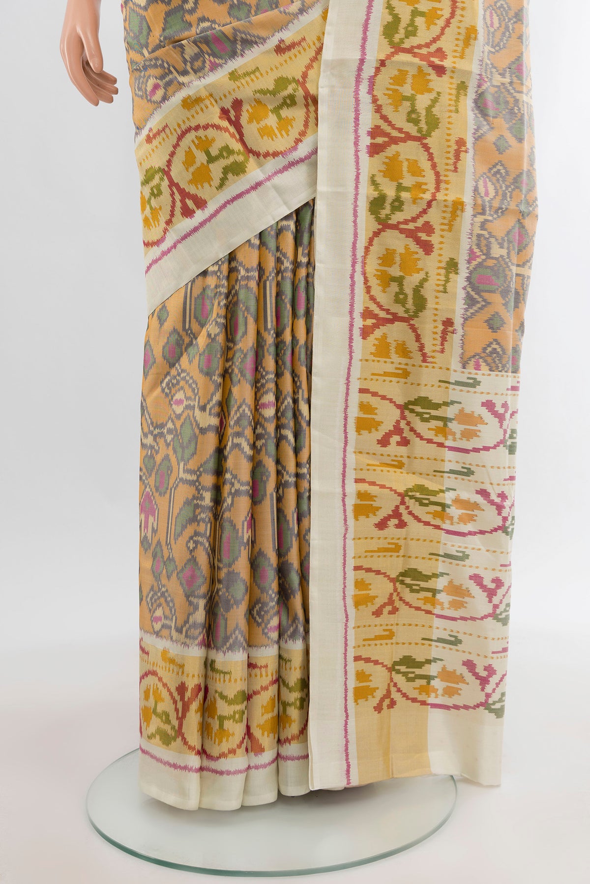 Pleats and pallu of Multi Color Rajkot Patola Silk Saree with Pure Ikat on the body and Ikat Border. 
