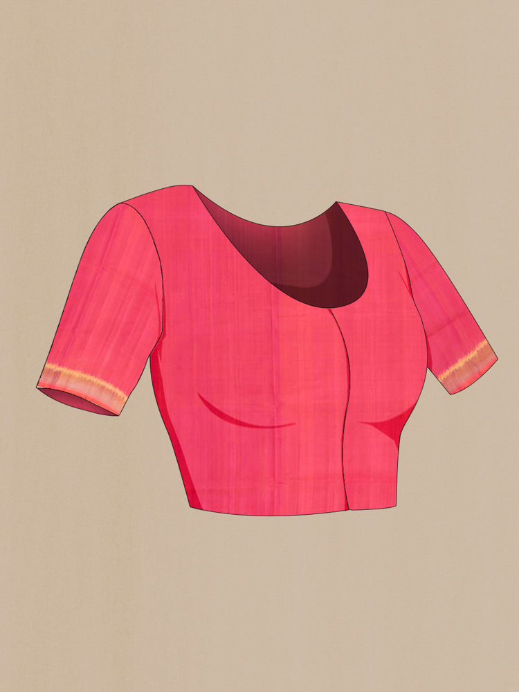 Close up image of the blouse of Peach Rajkot Patola Silk Saree with Ikat Print on the body and Silk Border. 