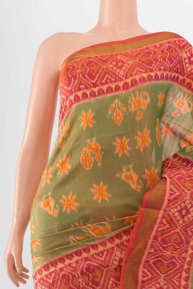Border image of Peach Rajkot Patola Silk Saree with Ikat Print on the body and Silk Border. 