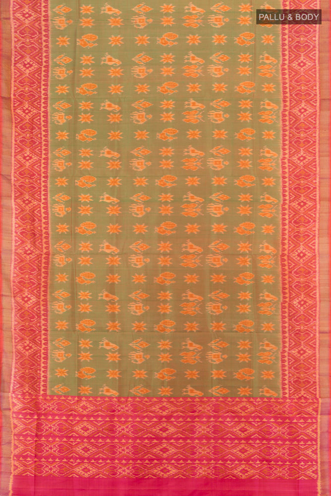 Flat view of Peach Rajkot Patola Silk Saree with Ikat Print on the body and Silk Border. 
