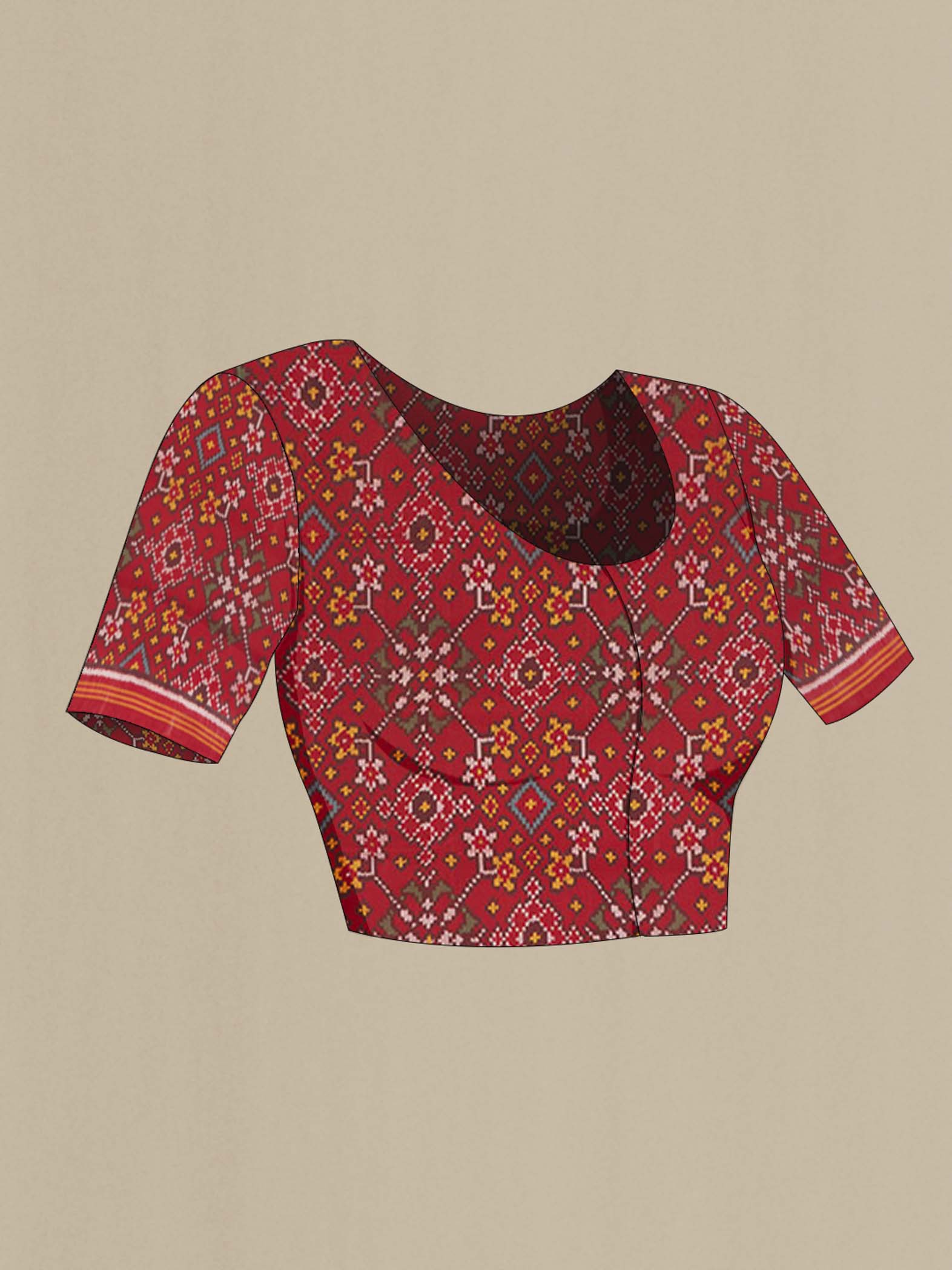 Close up image of the blouse of Yellow Rajkot Patola Silk Saree with Ikat Print on the body and Silk Border. 