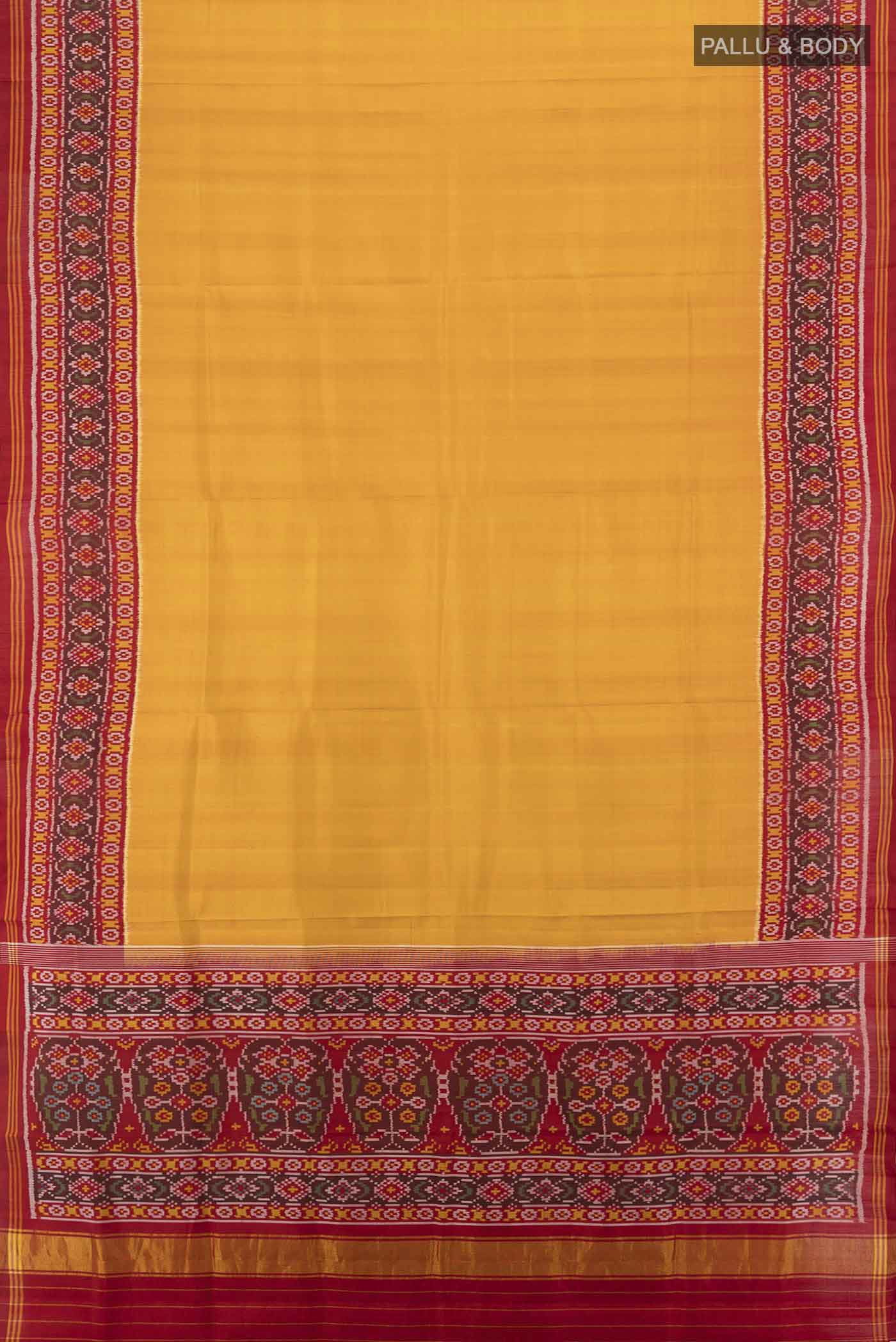 Flat view of Yellow Rajkot Patola Silk Saree with Ikat Print on the body and Silk Border. 