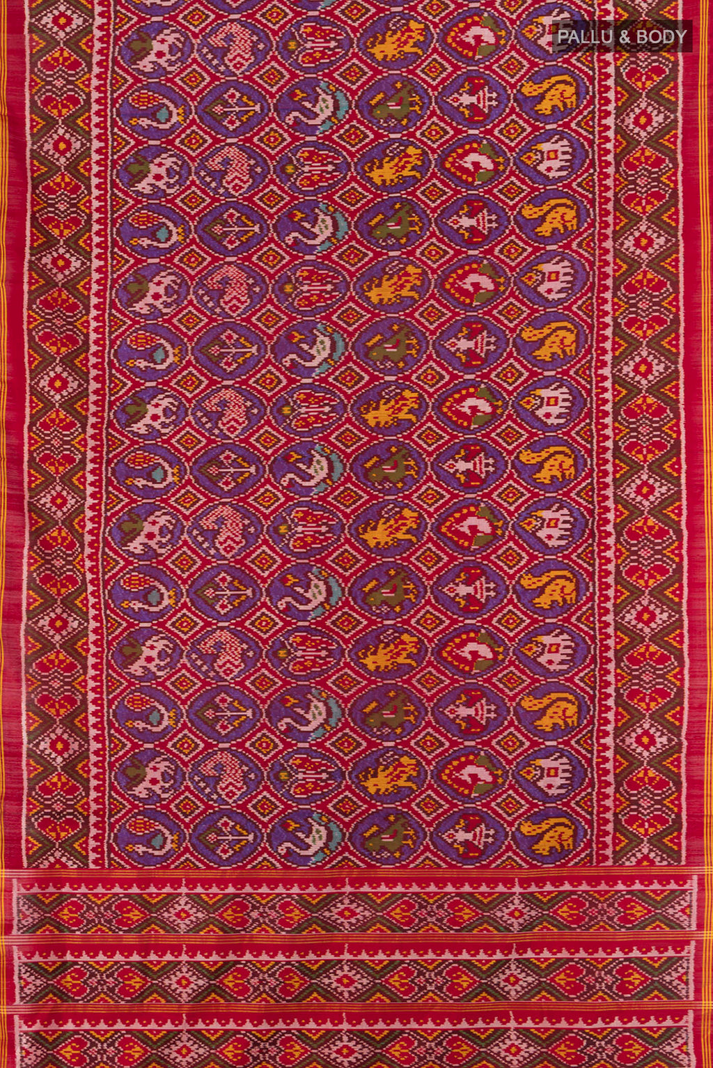 Flat view of Multi Color Rajkot Patola Silk Saree with Ikat Print on the body and Silk Border. 