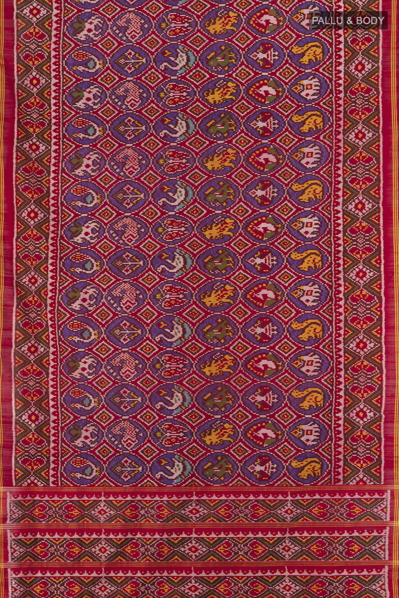 Flat view of Multi Color Rajkot Patola Silk Saree with Ikat Print on the body and Silk Border. 