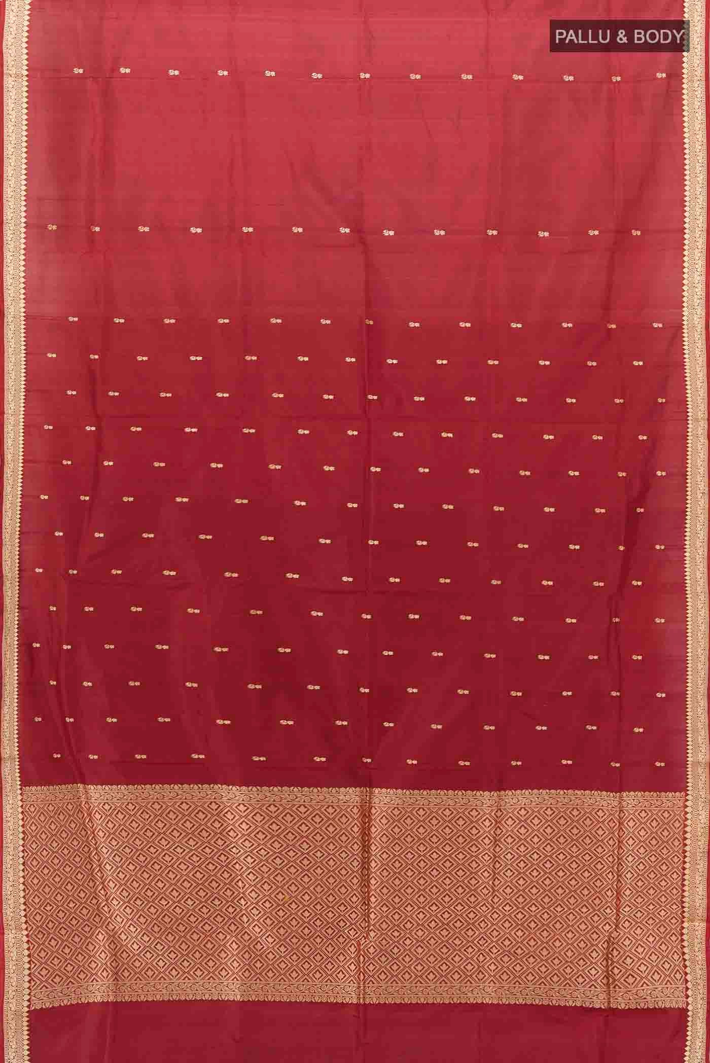 Flat view of Maroon Banarasi Katan Silk Saree with Thread Butta on the body and Thread Border