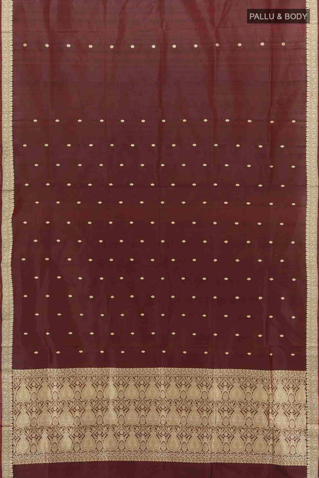 Flat view of Maroon Banarasi Katan Silk Saree with Zari Butta on the body and Silk Border