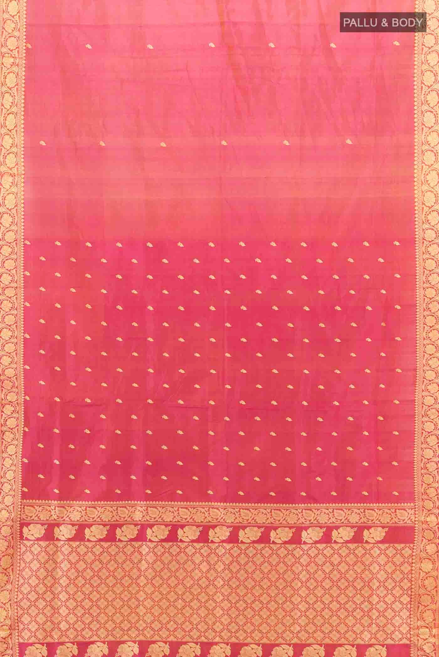 Flat view of Imperial Pink Banarasi Katan Silk Saree with Zari Butta on the body and Zari Border