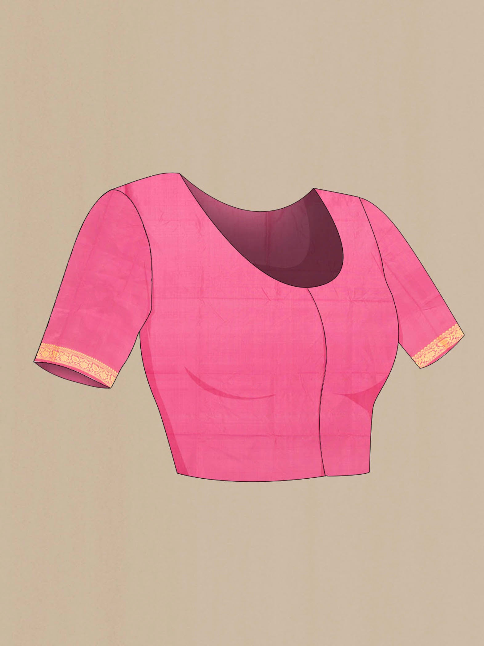 Close up image of the blouse of Rose pink Banarasi Katan Silk Saree with Thread Butta on the body and Thread Border