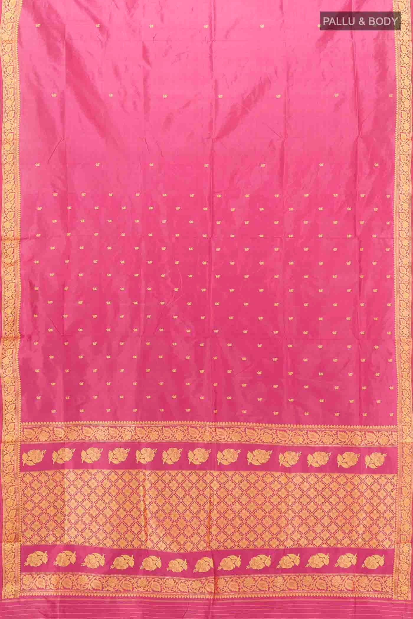 Flat view of Rose pink Banarasi Katan Silk Saree with Thread Butta on the body and Thread Border