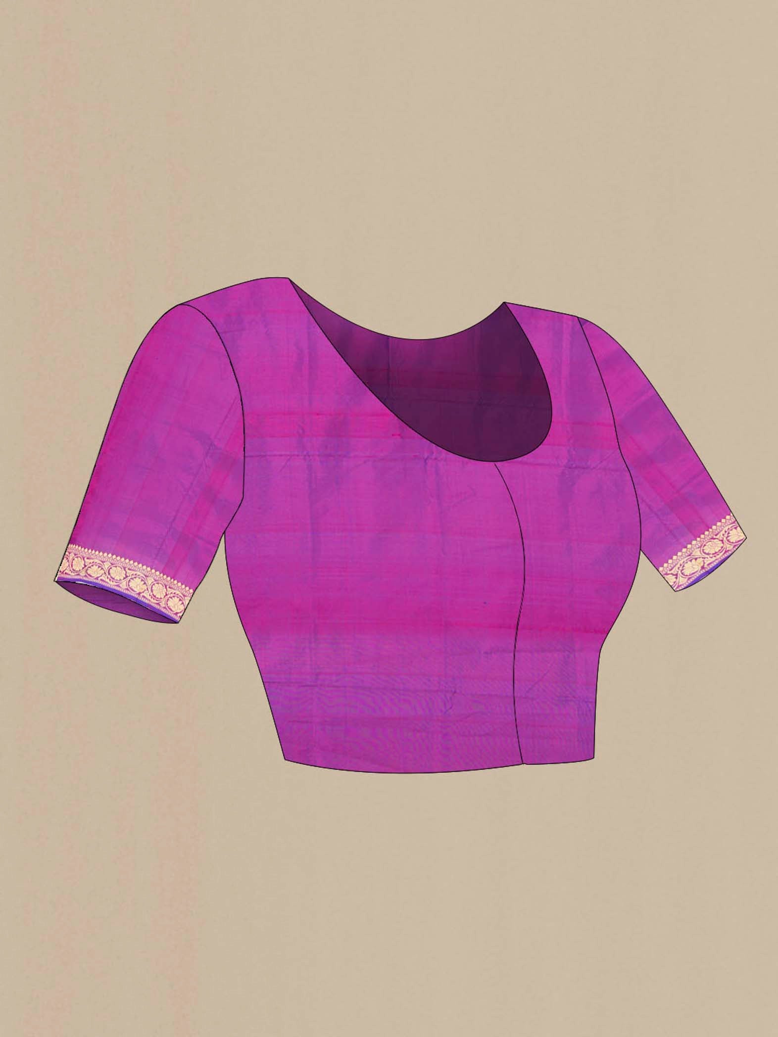 Close up image of the blouse of Magenta Banarasi Katan Silk Saree with Zari Butta on the body and Silk Border