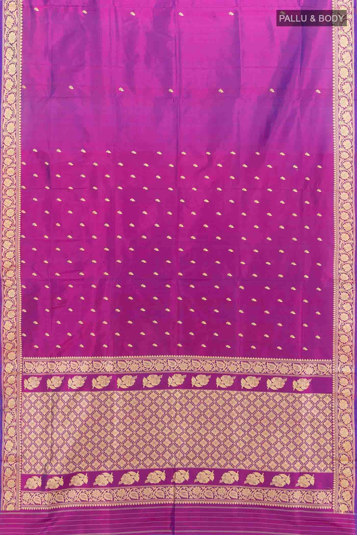Flat view of Magenta Banarasi Katan Silk Saree with Zari Butta on the body and Silk Border