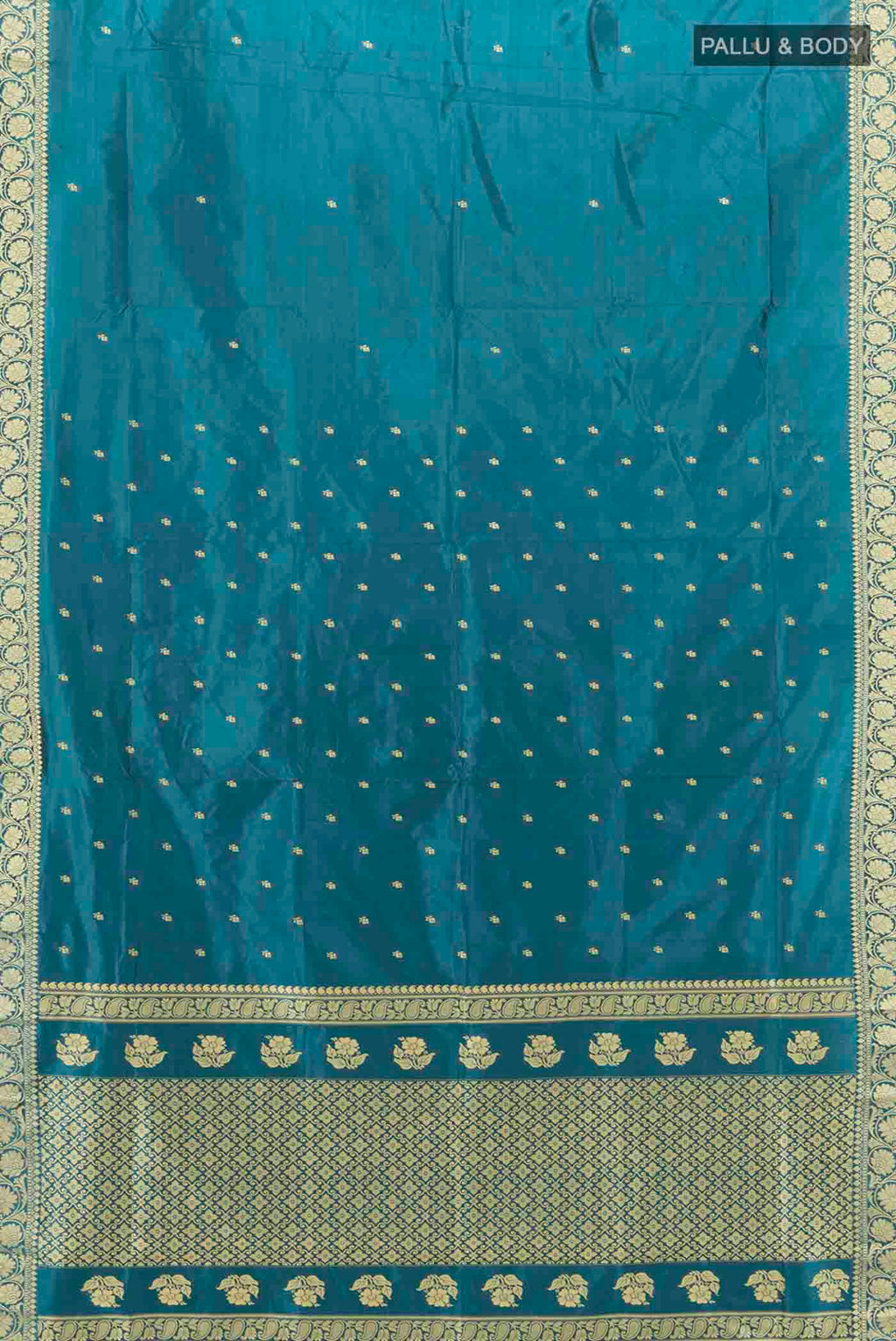 Flat view of Light Blue Banarasi Katan Silk Saree with Zari Butta on the body and Zari Border