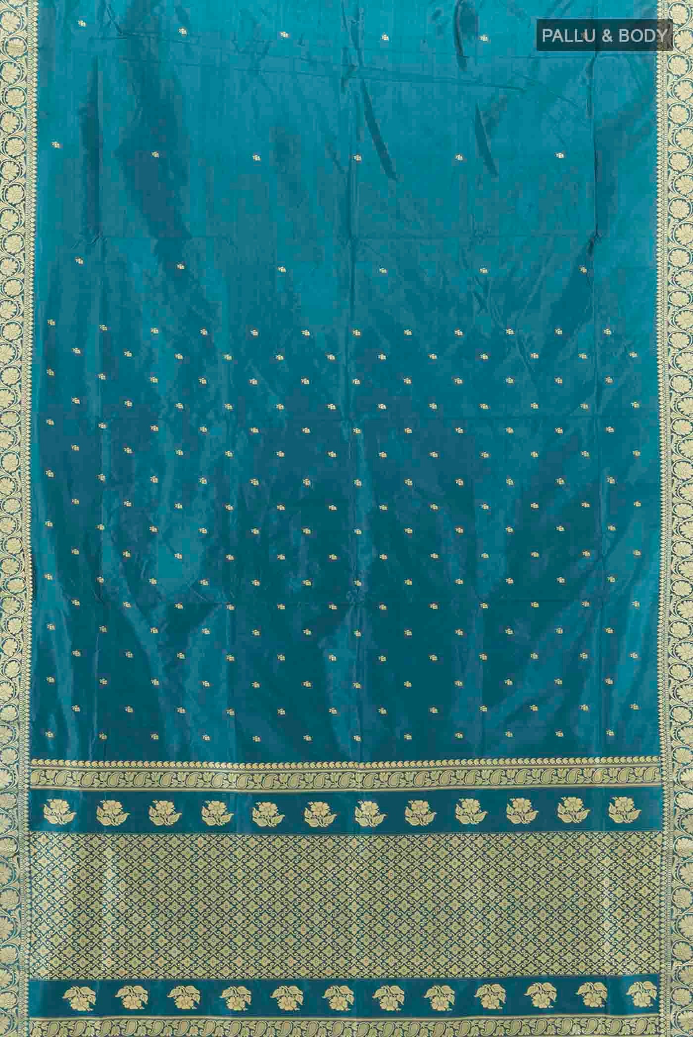 Flat view of Light Blue Banarasi Katan Silk Saree with Zari Butta on the body and Zari Border
