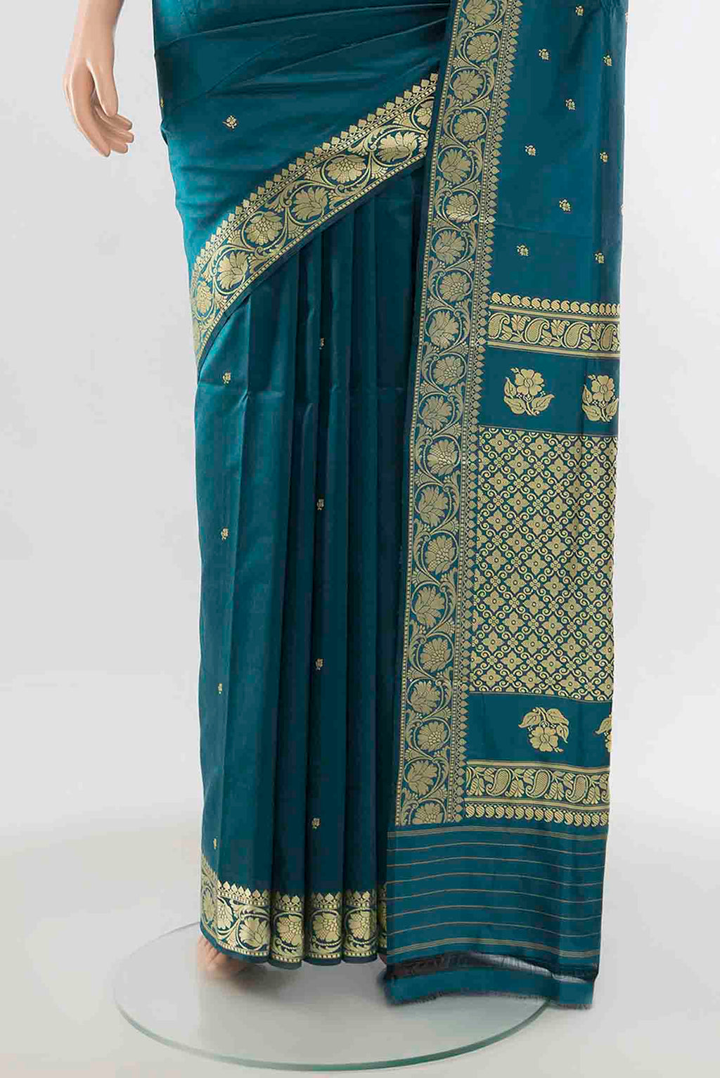 Pleats and pallu of Light Blue Banarasi Katan Silk Saree with Zari Butta on the body and Zari Border