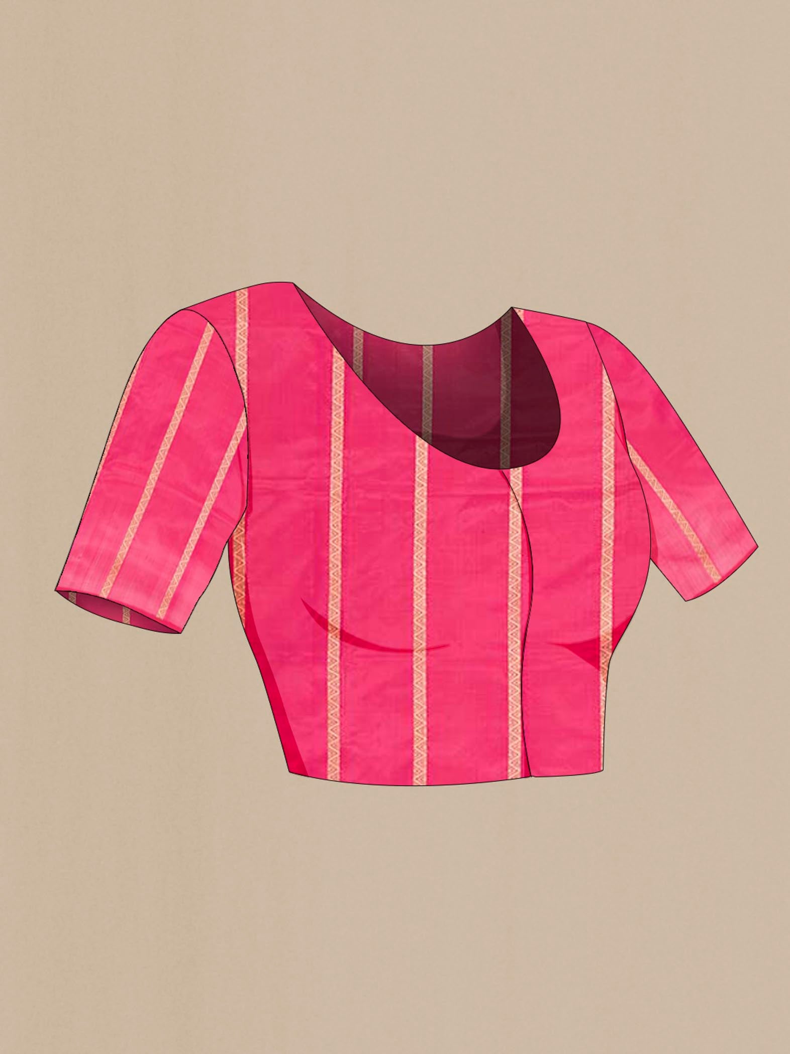 Close up image of the blouse of Dark Pink Banarasi Katan Silk Saree with Zari Butta on the body and Zari Border