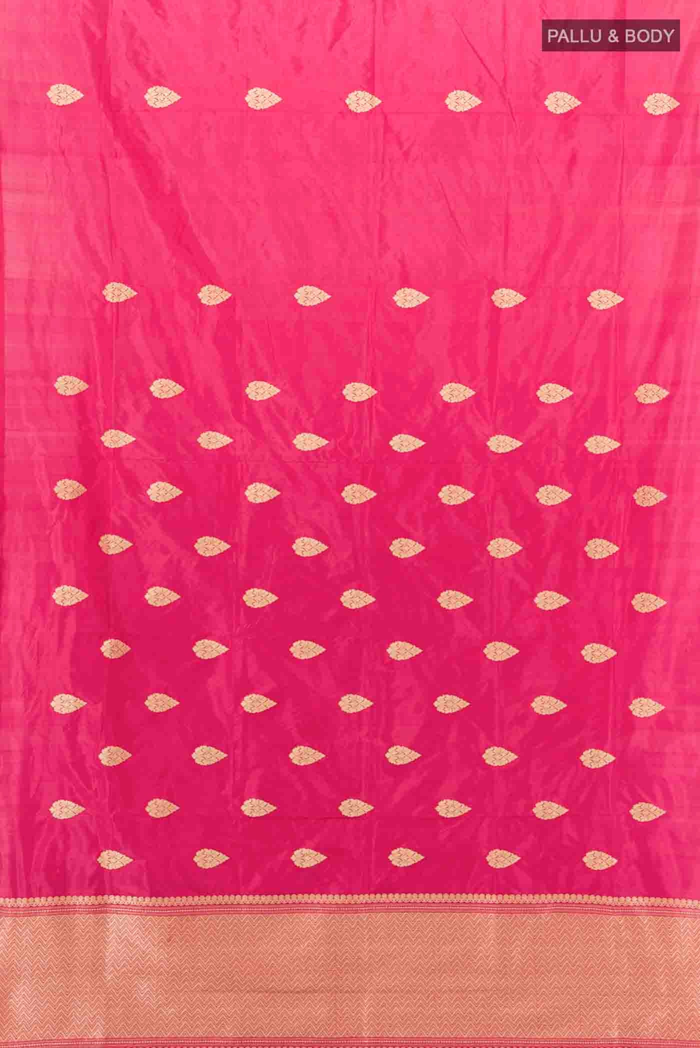 Flat view of Dark Pink Banarasi Katan Silk Saree with Zari Butta on the body and Zari Border