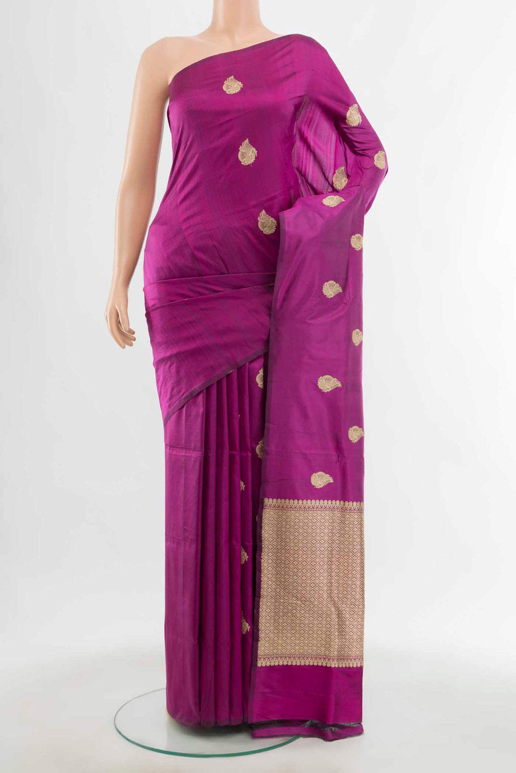 Purple Banarasi Katan Silk Saree with Zari Butta on the body and Silk Border displayed on a mannequin