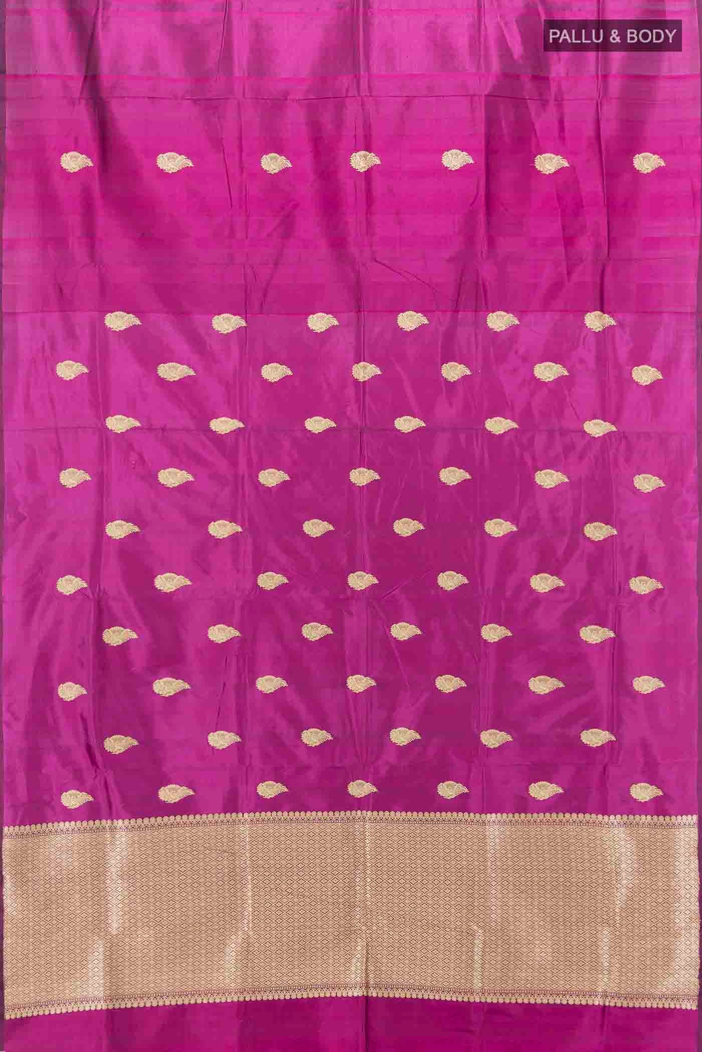 Flat view of Purple Banarasi Katan Silk Saree with Zari Butta on the body and Silk Border