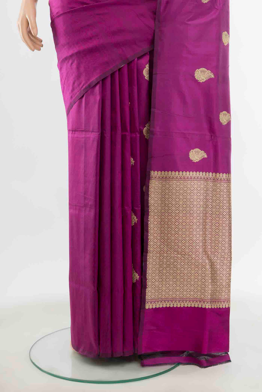 Pleats and pallu of Purple Banarasi Katan Silk Saree with Zari Butta on the body and Silk Border