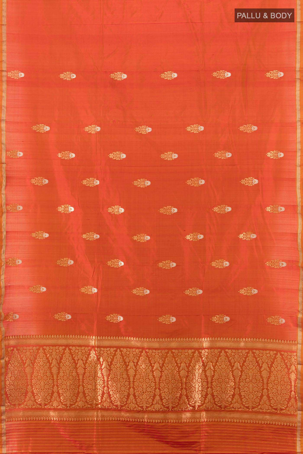 Flat view of Violet Banarasi Katan Silk Saree with Zari Butta on the body and Silk Border. 
