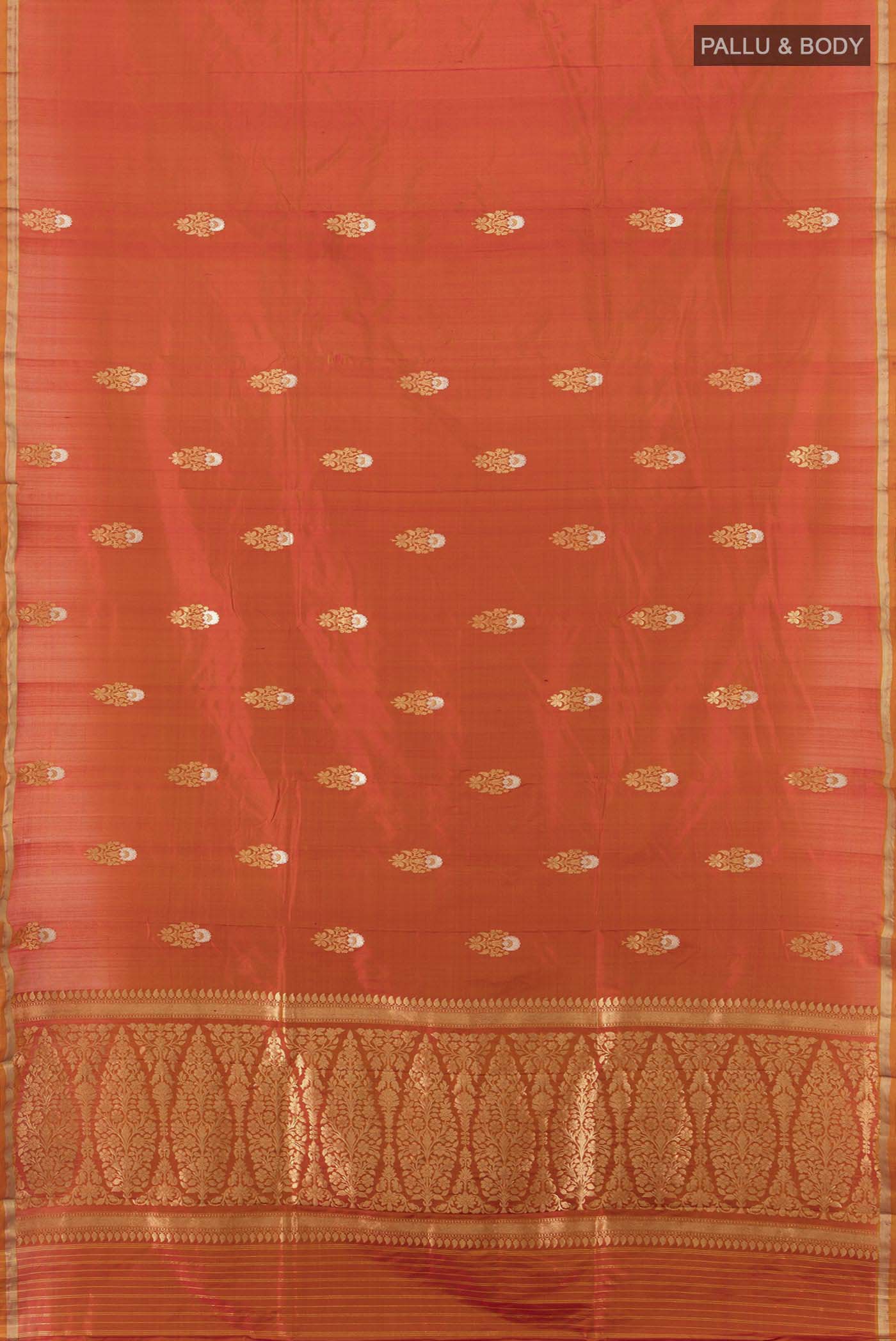 Flat view of Violet Banarasi Katan Silk Saree with Zari Butta on the body and Silk Border. 