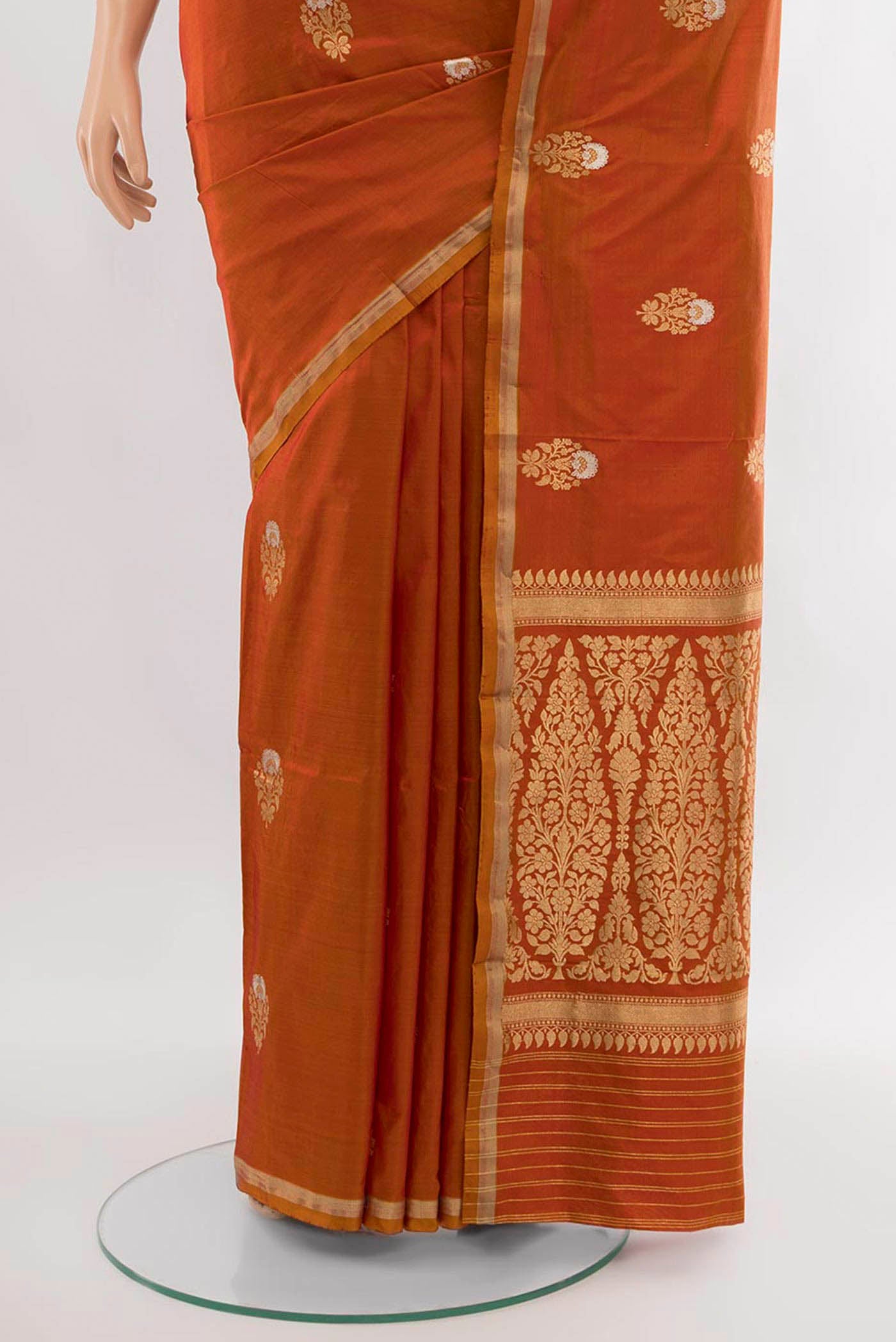 Pleats and pallu of Violet Banarasi Katan Silk Saree with Zari Butta on the body and Silk Border. 