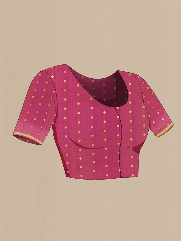 Close up image of the blouse of Light Magenta Banarasi Katan Silk Saree with Zari Butta on the body and Silk Border. 