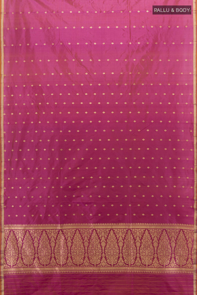 Flat view of Light Magenta Banarasi Katan Silk Saree with Zari Butta on the body and Silk Border. 