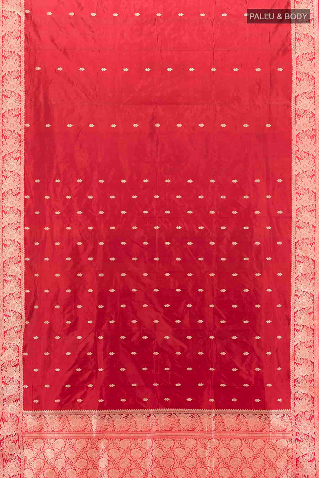 Flat view of Maroon Banarasi Katan Silk Saree with Zari Butta on the body and Zari Border