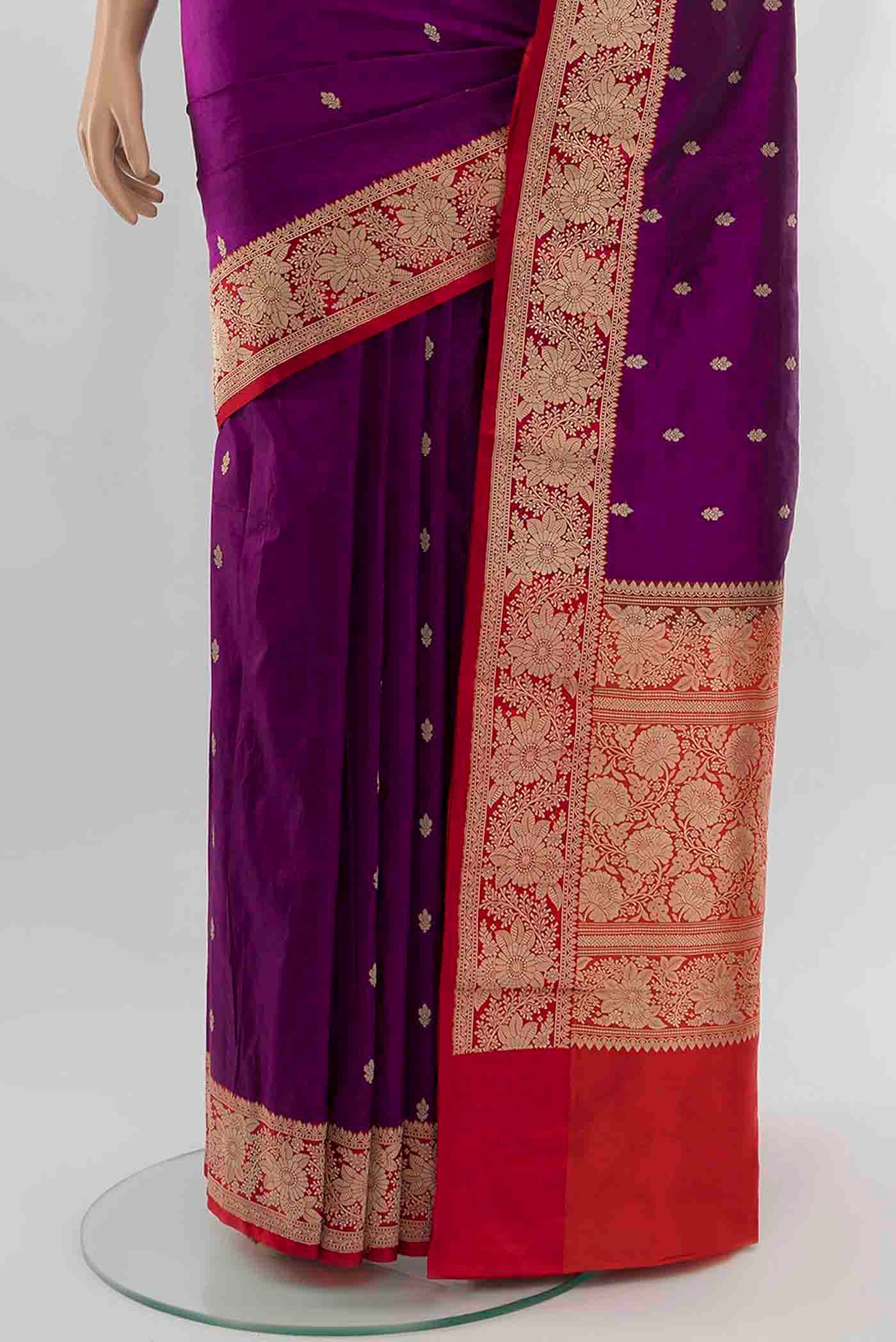 Pleats and pallu of Purple Banarasi Katan Silk Saree with Zari Butta on the body and Silk Border
