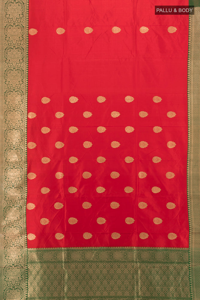 Flat view of Pure Silk Pure Zari Red Banarasi Katan Saree with Zari Butta on the body and Silk Border. 